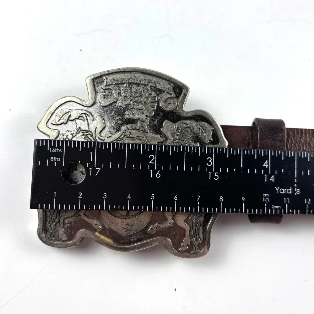 Vintage Horse Crest Large Buckle Belt Mens 32 Brown Leather Silver Tone Heraldic